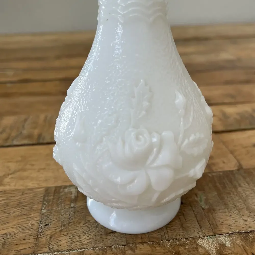 Imperial Milk Glass Bud Vase Embossed Roses Ruffled Scalloped Rim